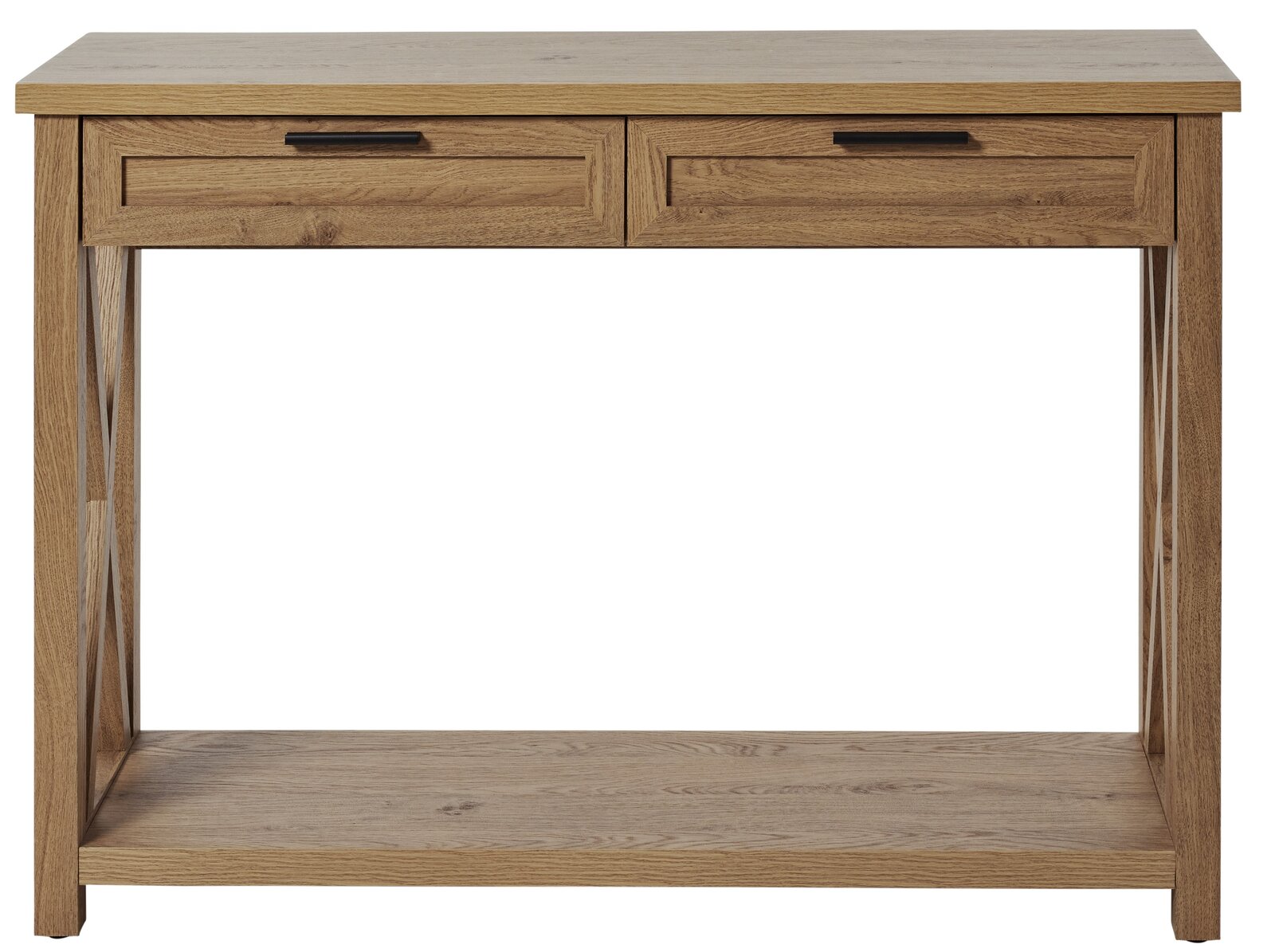 Holzkonsole mit zwei Schubladen, frontale Ansicht