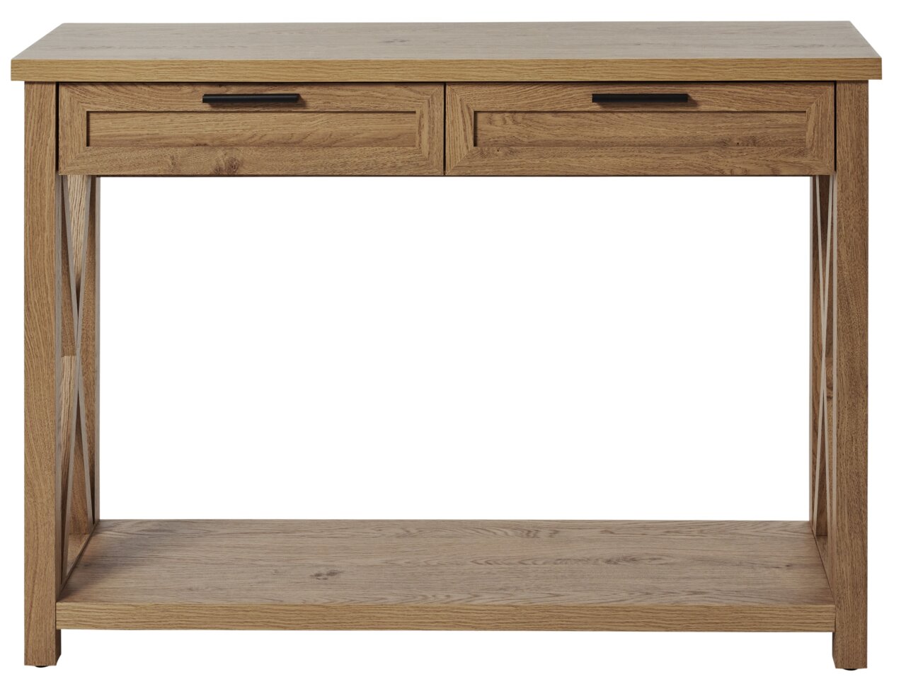 Holzkonsole mit zwei Schubladen, frontale Ansicht