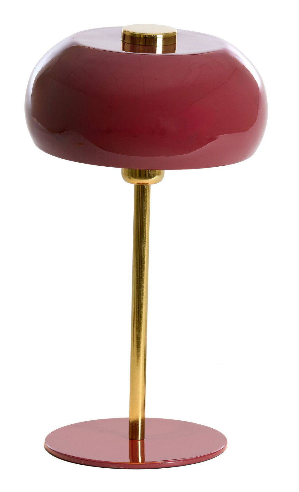 Elegante Tischleuchte mit rotem Schirm und goldenem Standfuß, seitliche Perspektive