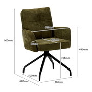 Grüner Schwingstuhl mit Armlehnen und schwarzem Metallgestell, seitliche Perspektive, Maße in Millimetern angegeben.