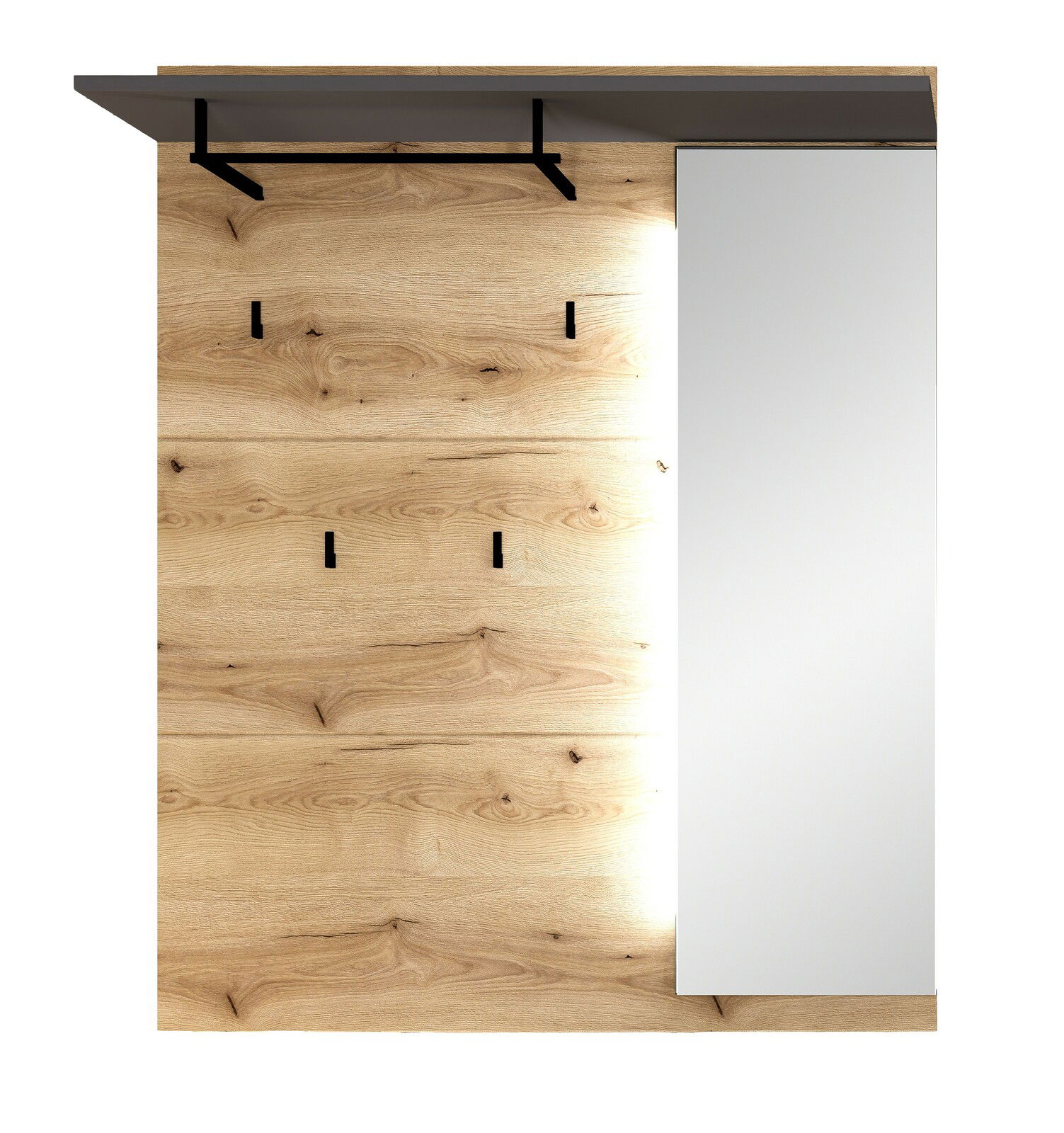 Frontale Ansicht eines dreiteiligen Garderoben-Sets mit Holzoptik, mehreren Haken und einem Spiegel.