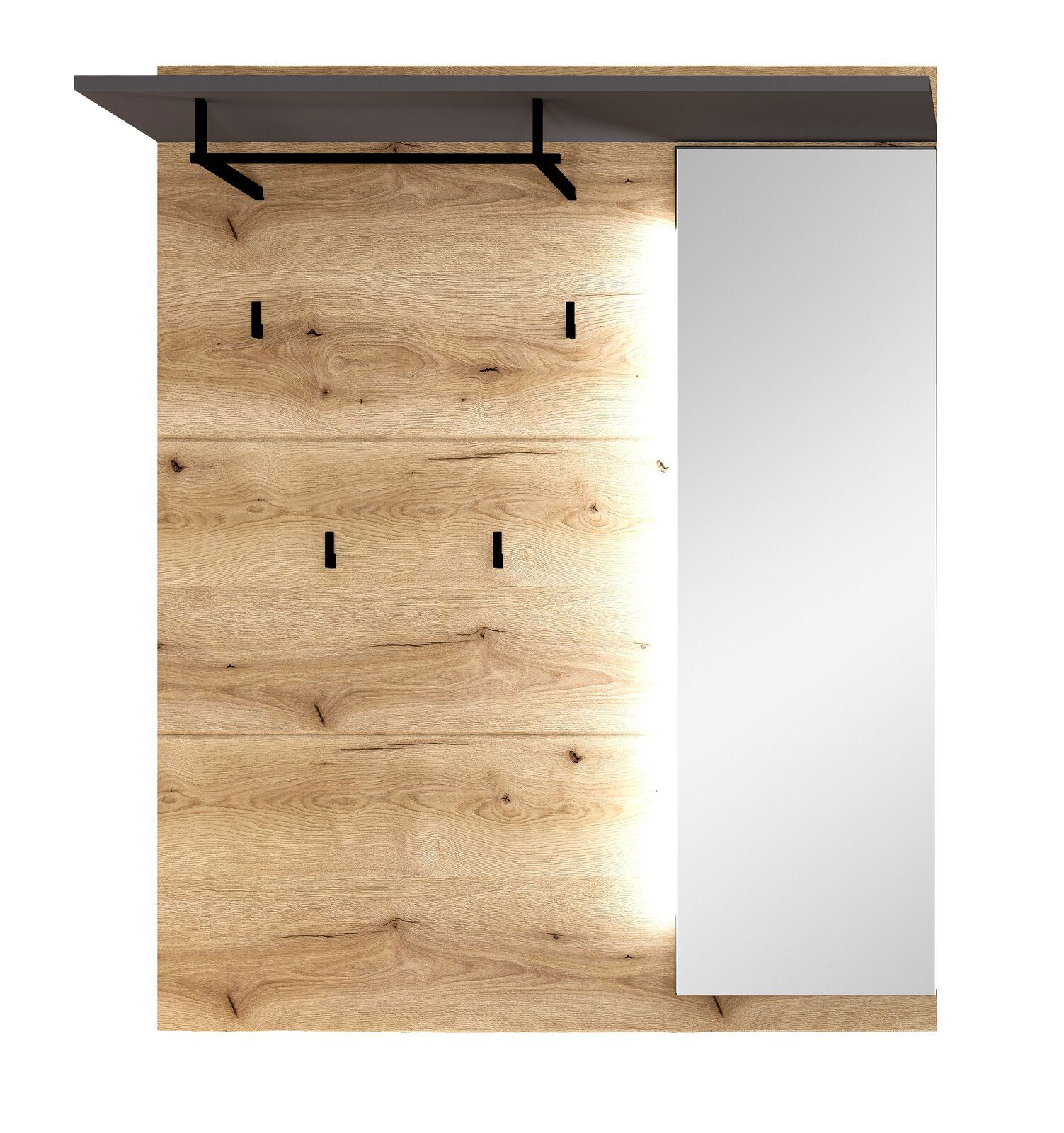 Frontale Ansicht eines dreiteiligen Garderoben-Sets mit Holzoptik, mehreren Haken und einem Spiegel.