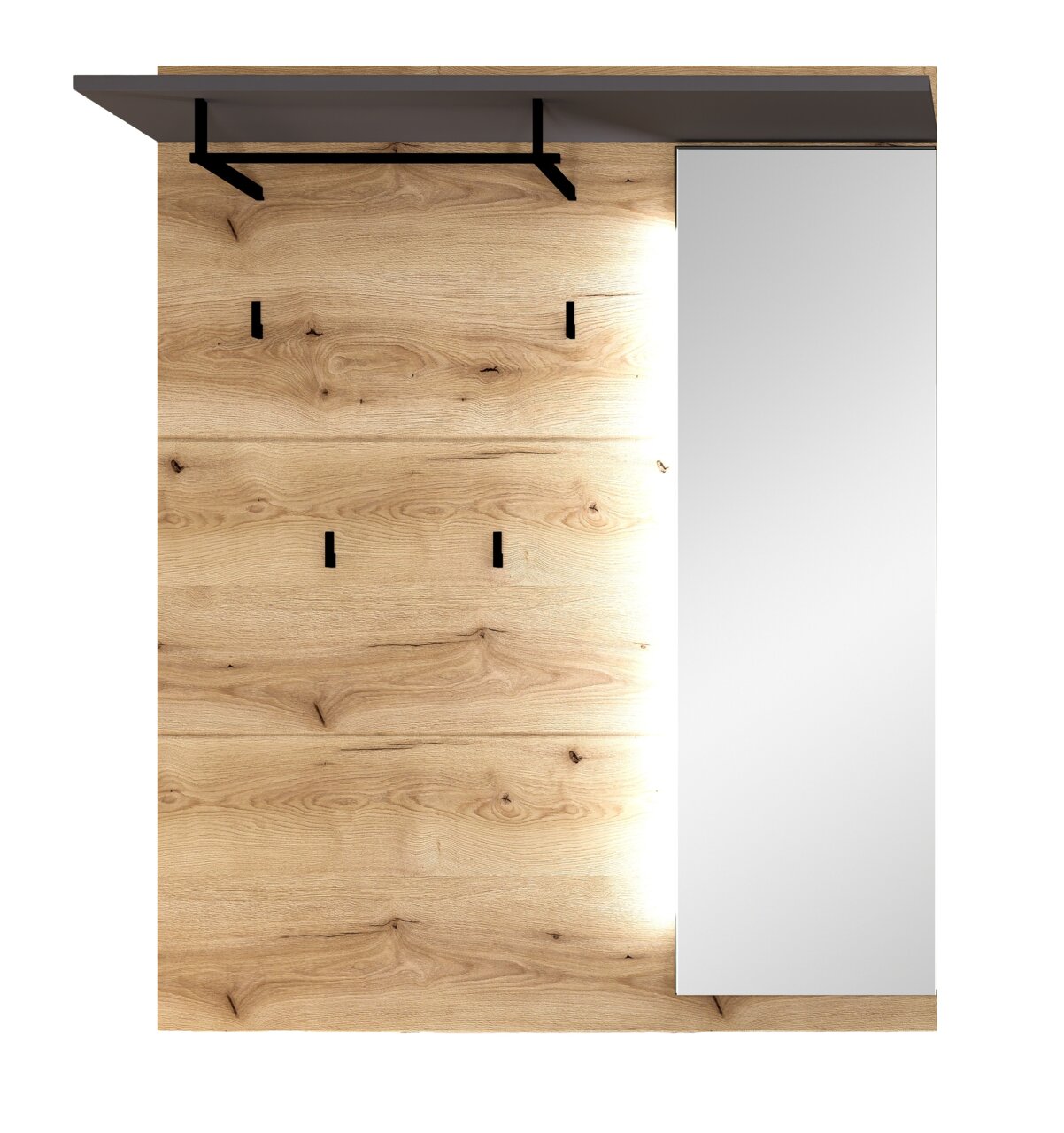 Frontale Ansicht eines dreiteiligen Garderoben-Sets mit Holzoptik, mehreren Haken und einem Spiegel.