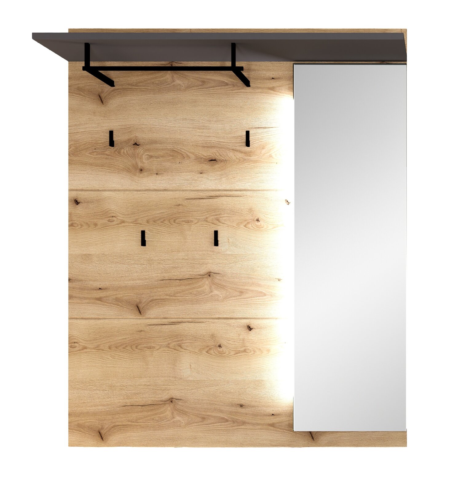 Vooraanzicht van een driedelige kapstokset met houtlook, meerdere haken en een spiegel.