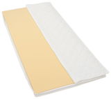 Viskoelastik-Topper STANDARD in Draufsicht, teilweise aufgerollt, mit gelber Schaumstoffschicht und weißem Bezug.