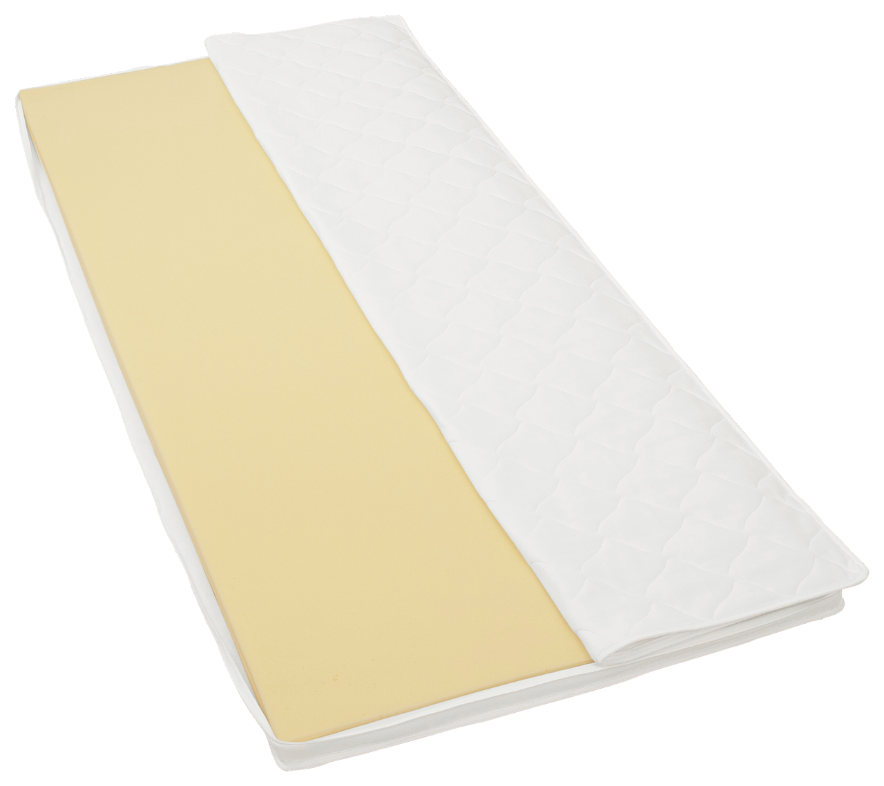 Z2 Viskoelastik-Topper STANDARD Viskoelastik-Topper STANDARD in Draufsicht, teilweise aufgerollt, mit gelber Schaumstoffschicht und weißem Bezug.