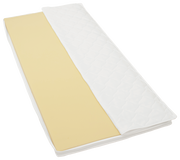 Viskoelastik-Topper STANDARD in Draufsicht, teilweise aufgerollt, mit gelber Schaumstoffschicht und weißem Bezug.