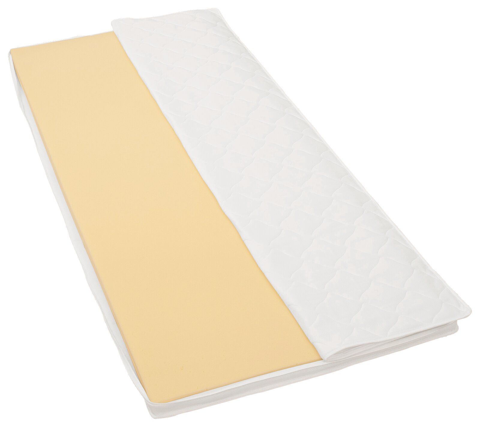 Z2 Visco-elastische topper STANDARD Viskoelastik-Topper STANDARD in Draufsicht, teilweise aufgerollt, mit gelber Schaumstoffschicht und weißem Bezug.