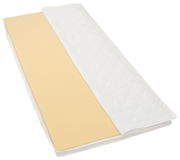 Viskoelastik-Topper STANDARD in Draufsicht, teilweise aufgerollt, mit gelber Schaumstoffschicht und weißem Bezug.