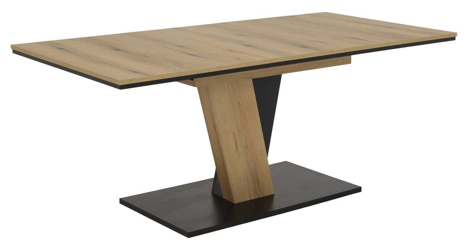 Moderner Esstisch aus Holz mit schwarzem Sockel, seitliche Perspektive