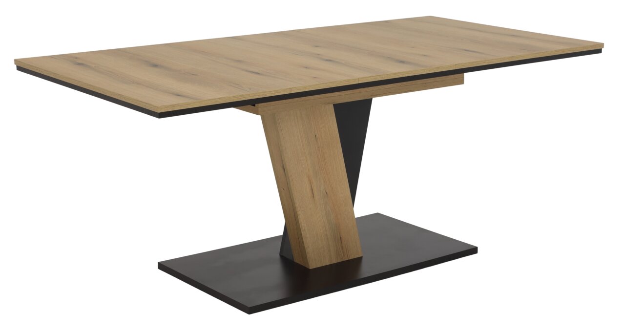 Moderner Esstisch aus Holz mit schwarzem Sockel, seitliche Perspektive