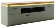 Modern dressoir in olijfgroen met houten blad en geïntegreerde led-verlichtingsstrip, drie deuren/lades en open vakken, vrijstaand tegen een witte achtergrond, schuin vooraanzicht