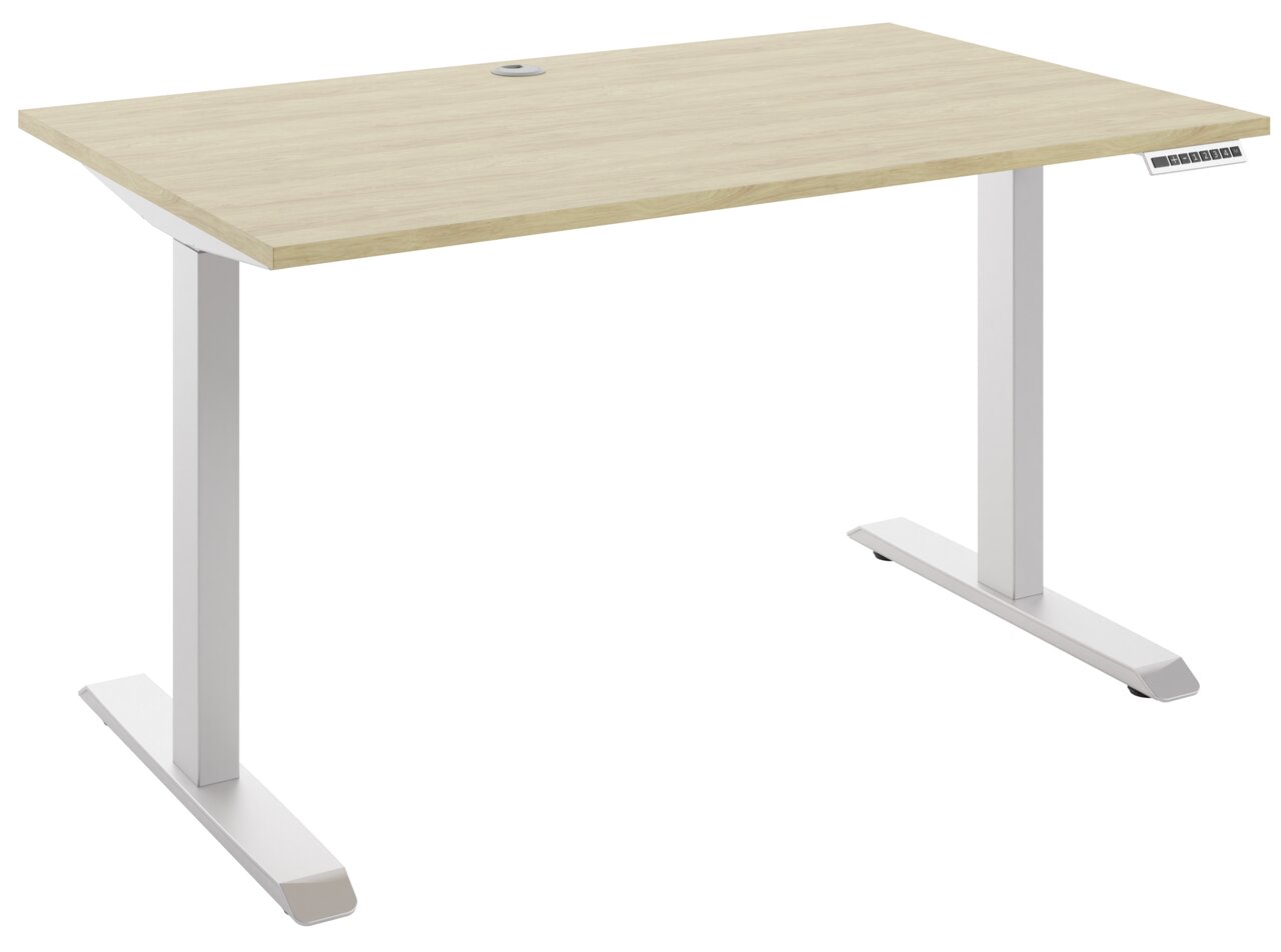 Moderner E-Schreibtisch mit heller Holzoberfläche und weißem Gestell, seitliche Perspektive