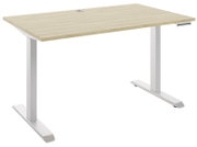 Modern elektrisch bureau met een licht houten blad en een wit onderstel, zijaanzicht