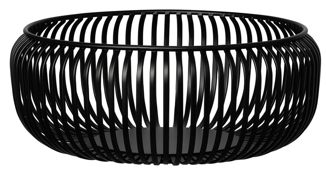 Schwarze, runde Schale aus Metall mit Gitterdesign, seitliche Perspektive