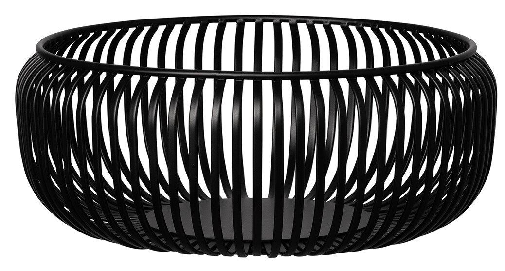 Schwarze, runde Schale aus Metall mit Gitterdesign, seitliche Perspektive