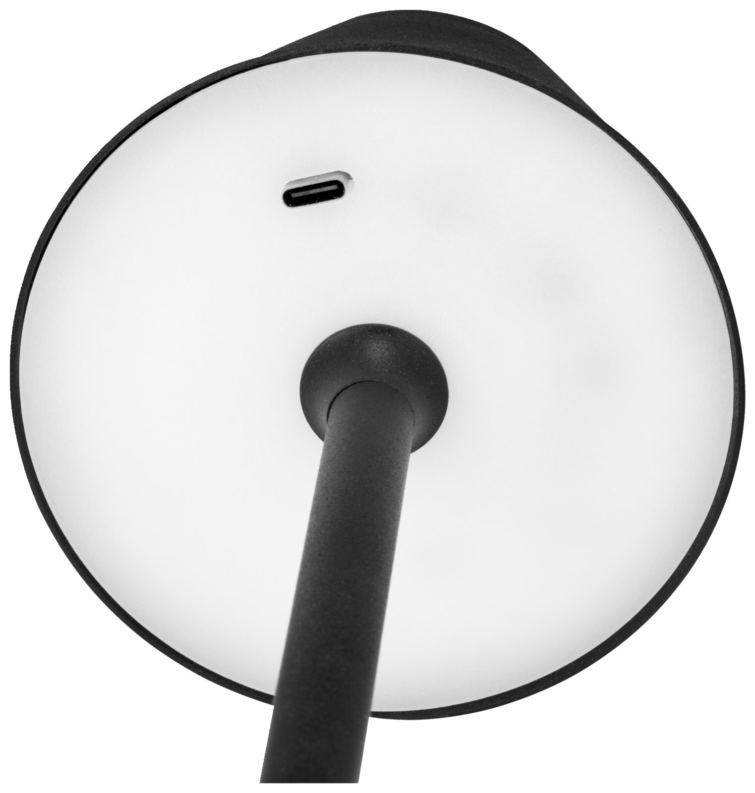 Onderaanzicht van een accu-tafellamp met een USB-C-aansluiting aan de onderkant.