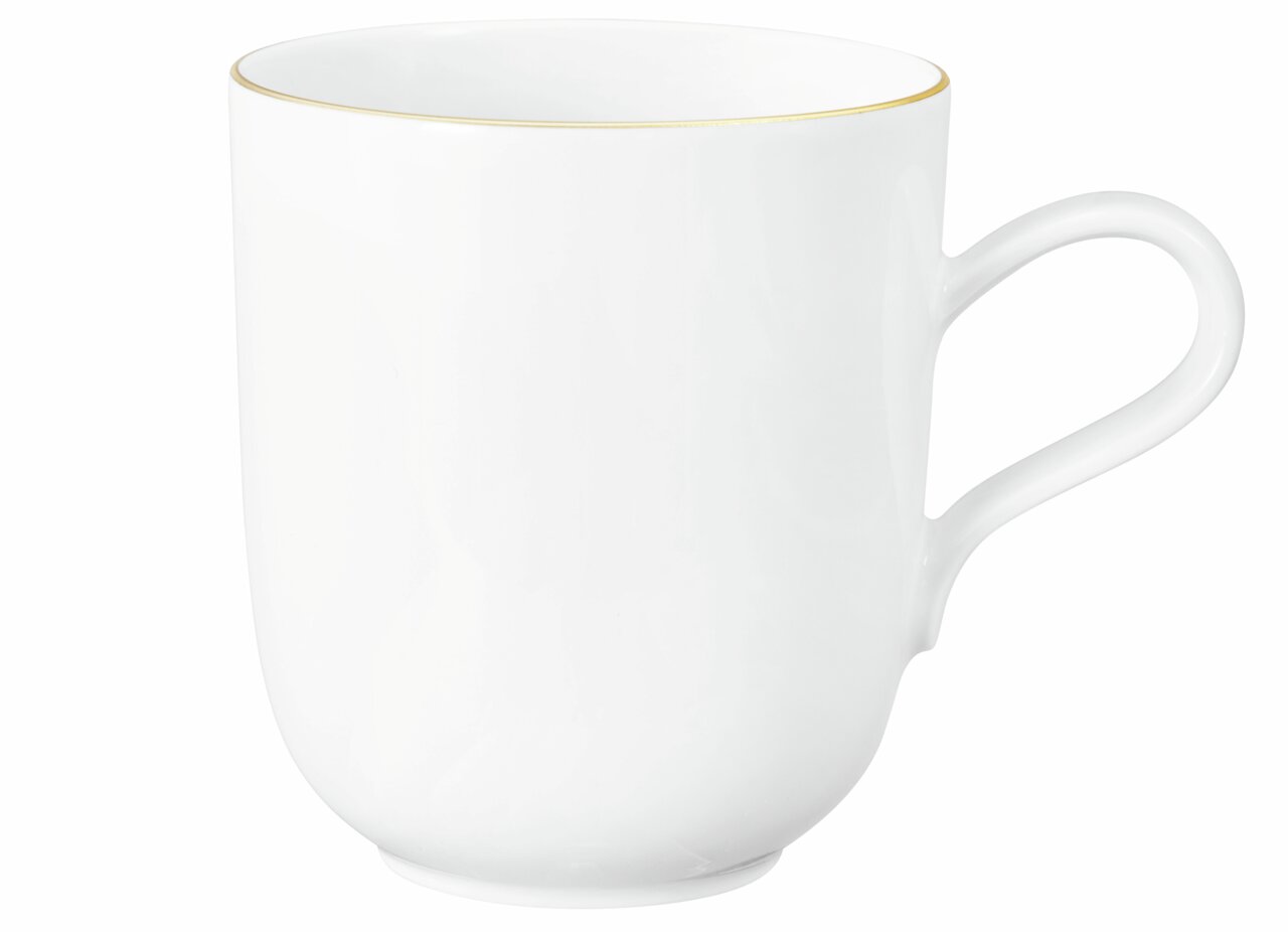 Weißer Becher mit Henkel und goldener Kante, seitliche Perspektive