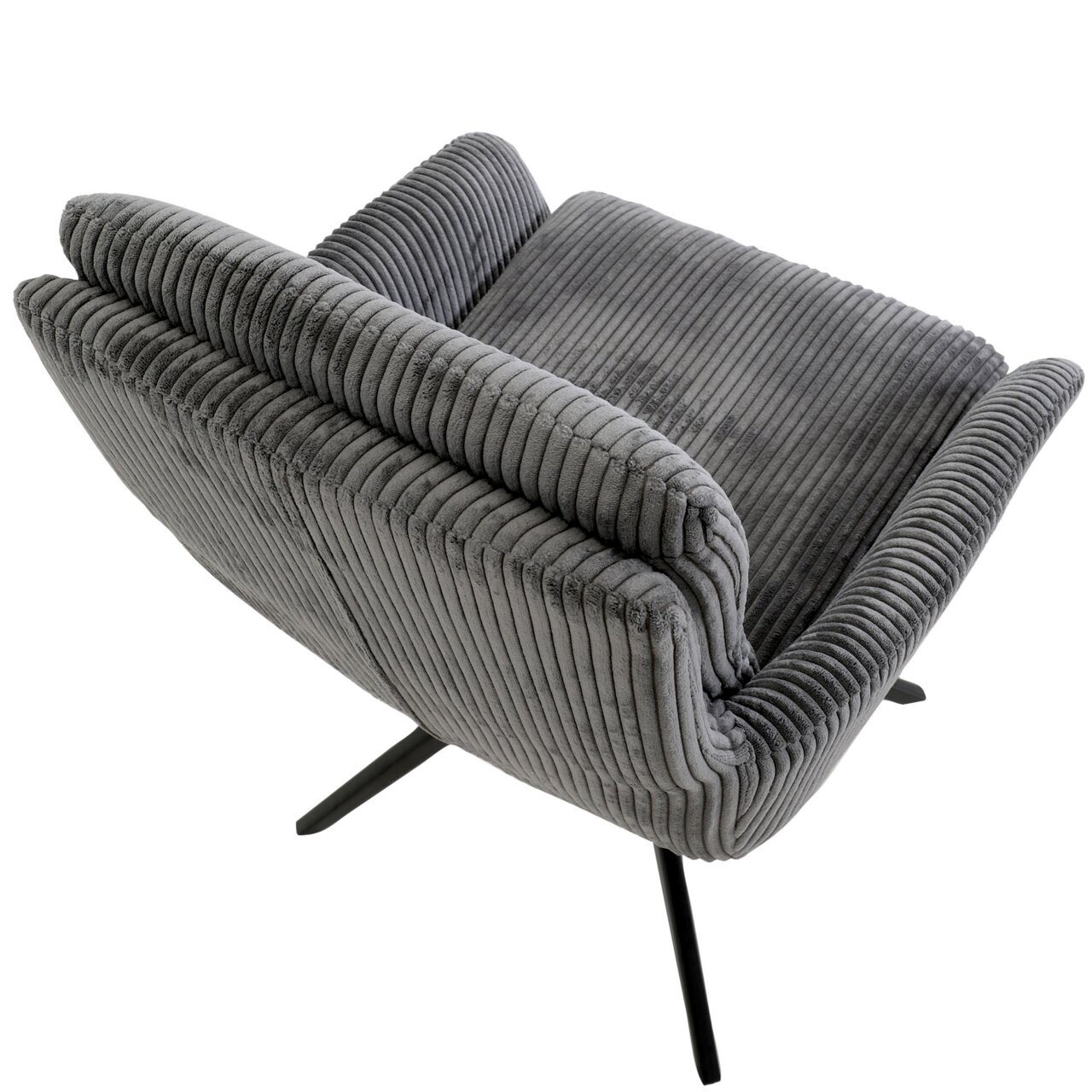 Grijze fauteuil met geribbelde stoffen bekleding, gezien van bovenaf