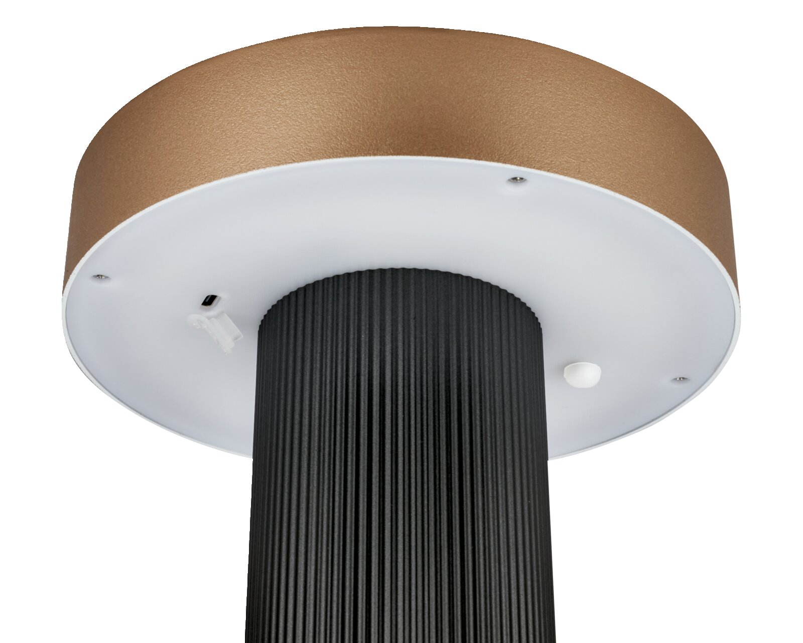 Unteransicht einer runden LED-Deckenleuchte mit bronzefarbenem Gehäuse, weißer Abdeckung und geripptem schwarzem Mittelteil