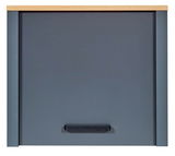 Frontansicht eines grauen Schrankaufsatzes mit Holzoberkante und schwarzem Griff.