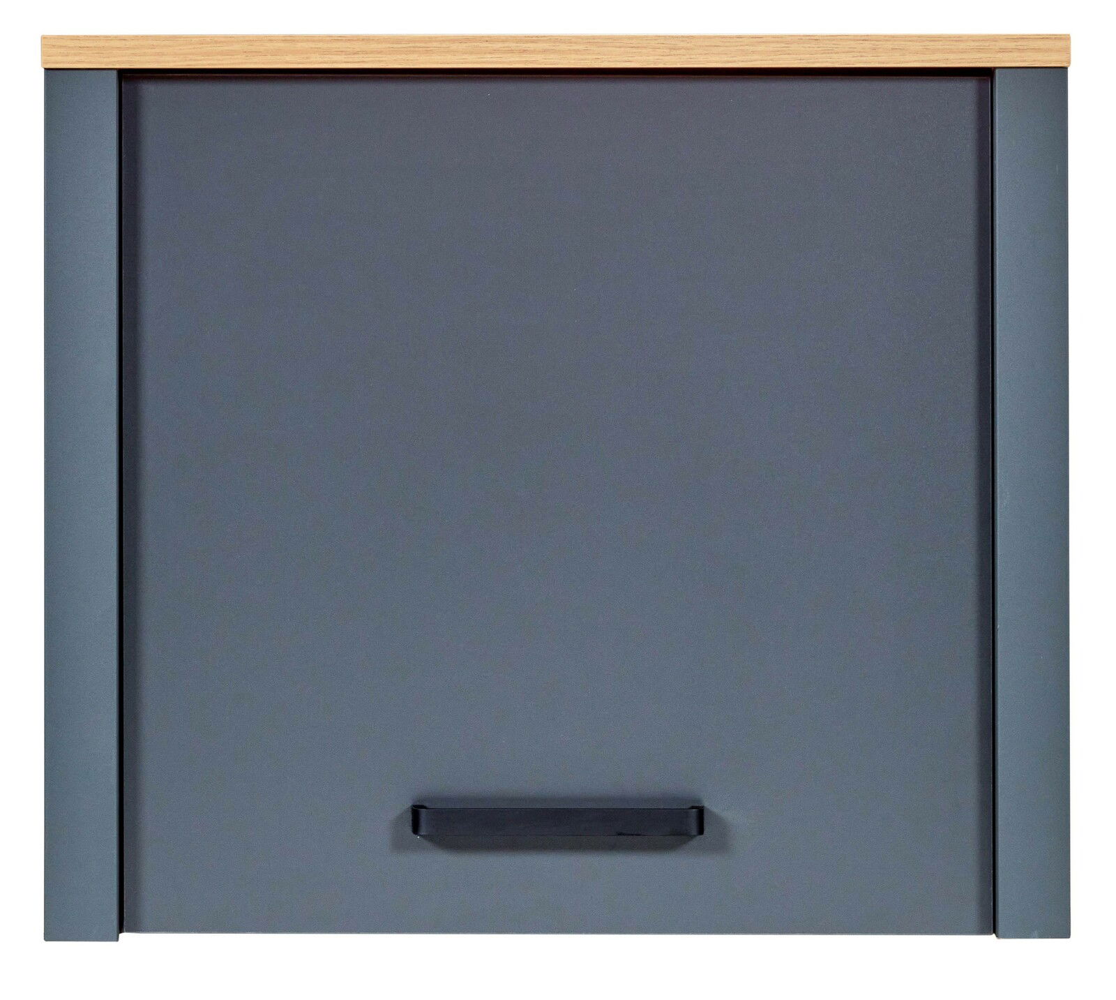 Frontansicht eines grauen Schrankaufsatzes mit Holzoberkante und schwarzem Griff.