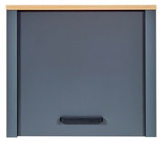 Frontansicht eines grauen Schrankaufsatzes mit Holzoberkante und schwarzem Griff.