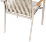 Rückansicht eines modernen Stapelsessels mit hellem Metallrahmen und geflochtener Rückenlehne, Armlehnen aus Holz.