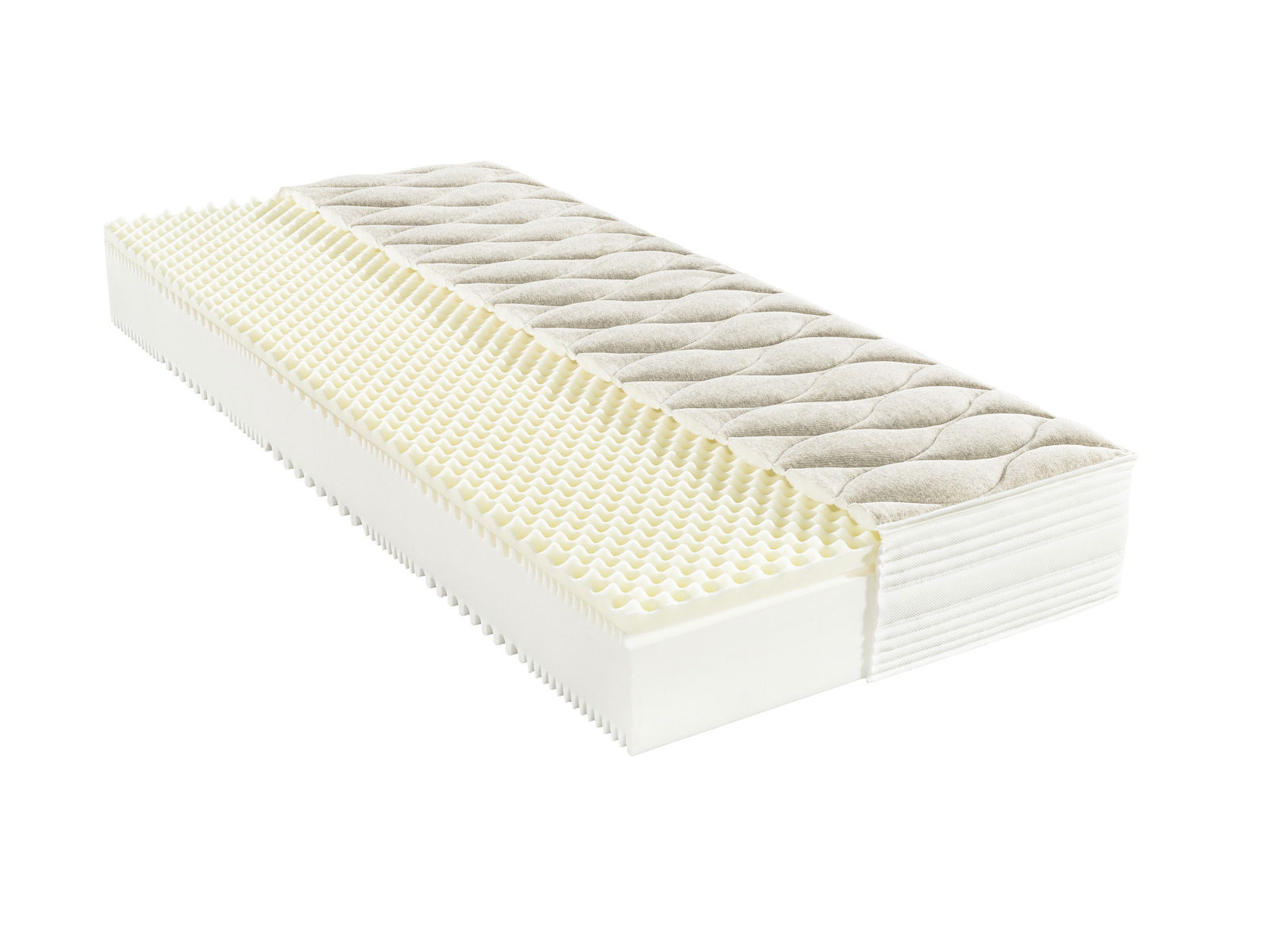 Valnatura Kaltschaummatratze H3 HANF KS Kaltschaummatratze H3 in seitlicher Perspektive mit wellenförmiger Oberfläche und gestepptem Bezug