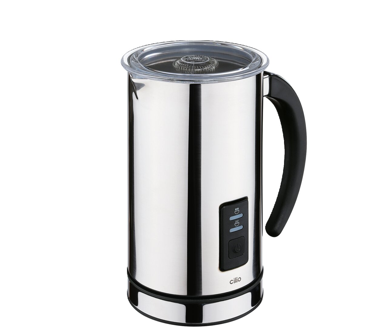 Milchaufschäumer aus Edelstahl mit schwarzem Griff, seitliche Ansicht