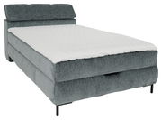 Graues Boxbett mit weißer Matratze, seitliche Perspektive