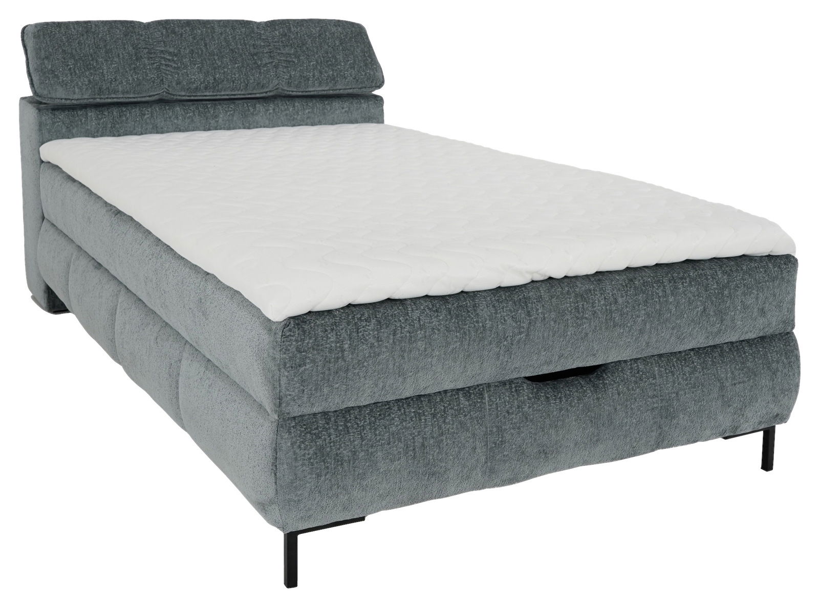 Graues Boxbett mit weißer Matratze, seitliche Perspektive