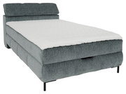 Graues Boxbett mit weißer Matratze, seitliche Perspektive