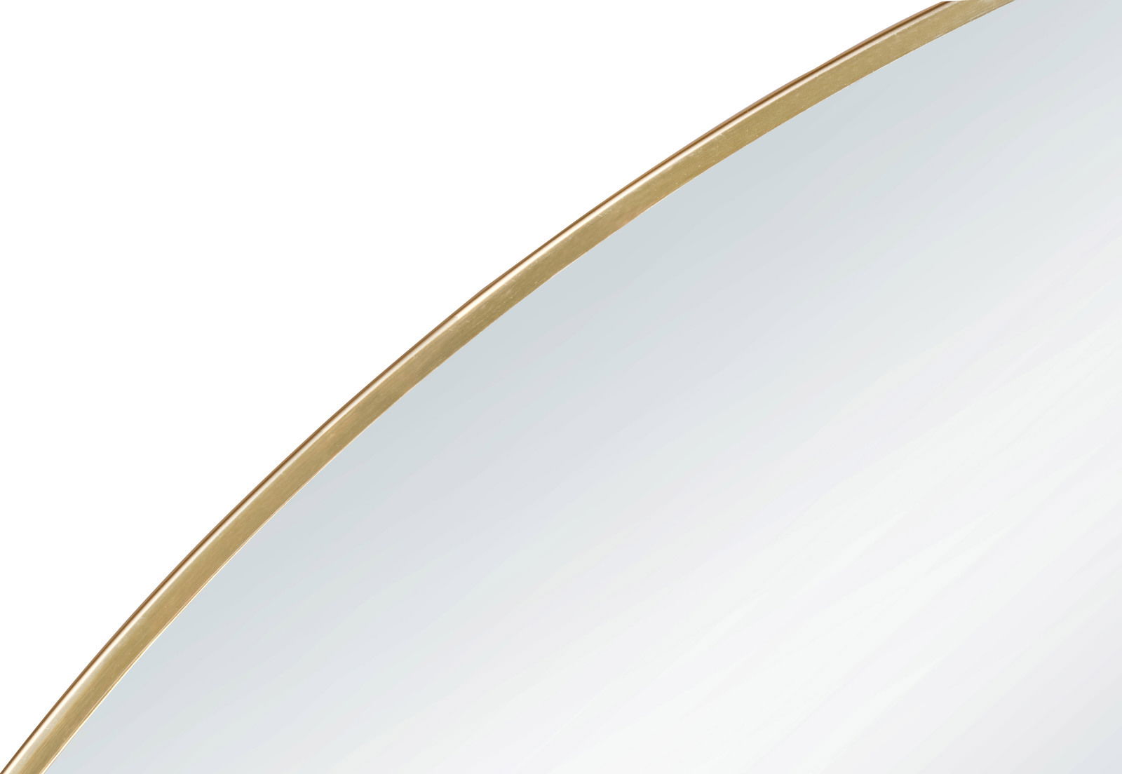 Nahaufnahme eines runden Spiegels mit goldenem Rahmen, perspektivisch von der Seite aufgenommen.