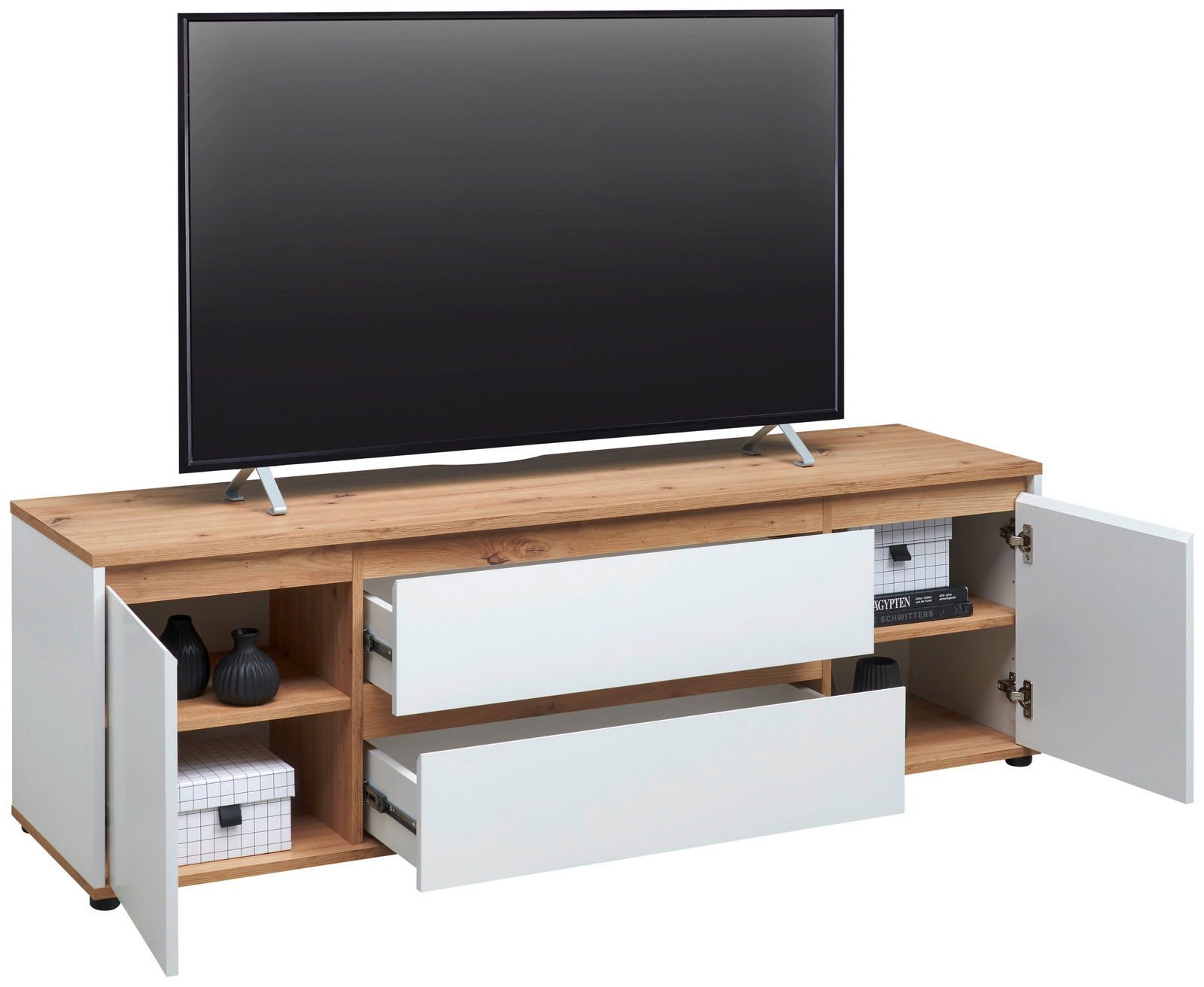 TV-Lowboard aus Holz mit weißem Finish, zwei offenen Schubladen und zwei offenen Türen, frontal betrachtet.