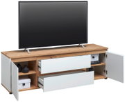 TV-Lowboard aus Holz mit weißem Finish, zwei offenen Schubladen und zwei offenen Türen, frontal betrachtet.