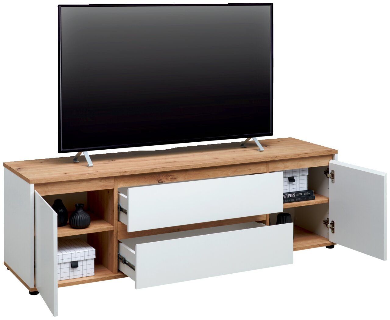 Houten tv-lowboard met witte afwerking, twee open lades en twee open deuren, gezien vanaf de voorkant.