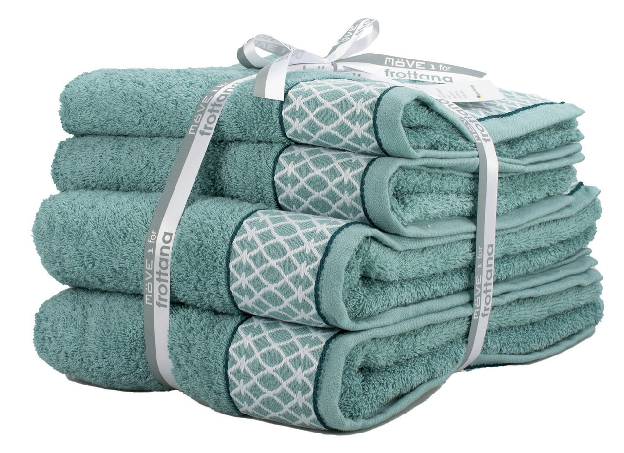 Frottana Handtuchset ORIENTAL ORNAMENTS Handtuchset Oriental Ornaments in Türkis, bestehend aus mehreren Handtüchern mit dekorativem Muster, von der Seite fotografiert.