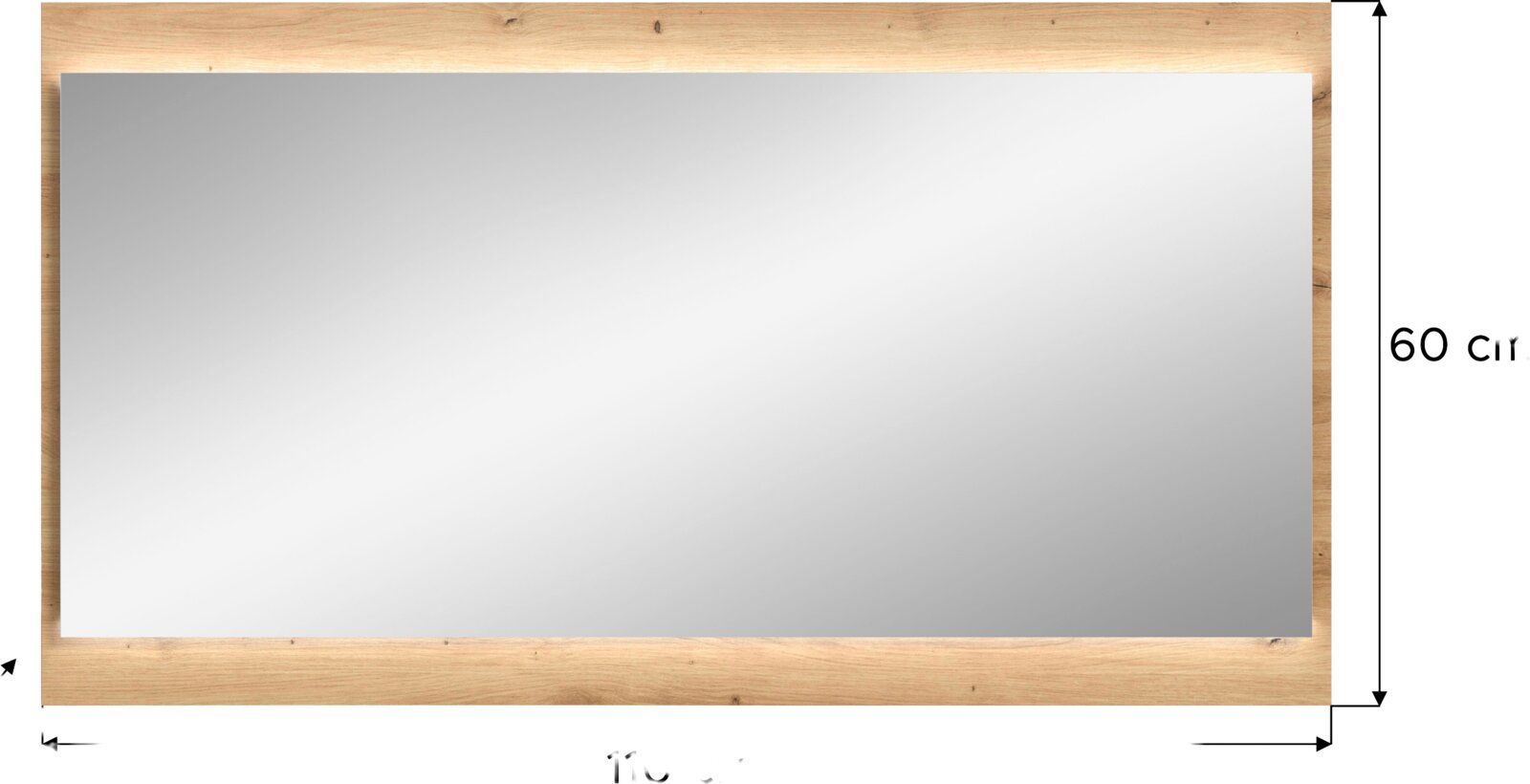 Rechteckiger Wandspiegel mit breitem Holzrahmen in Naturholz-Optik, Frontansicht; Höhe ca. 60 cm (Maßpfeile sichtbar)