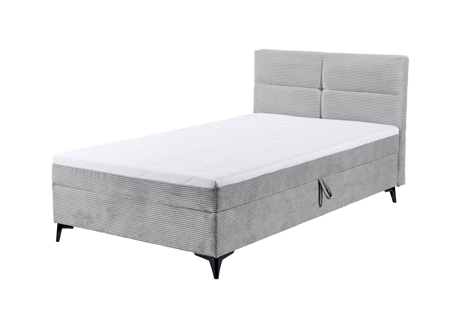 Graues Boxbett mit gestepptem Kopfteil, seitlicher Perspektive
