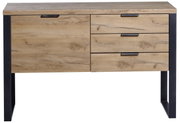 Frontale Ansicht eines modernen Sideboards aus Holz mit drei Schubladen und einer Tür, schwarzen Metallgriffen und Beinen.