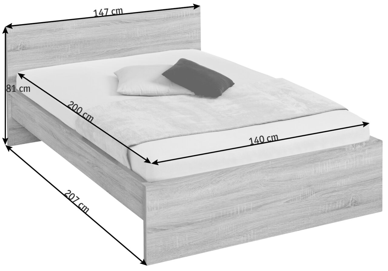 Bett der Serie MALMÖ in hellem Holzdesign, seitliche Perspektive mit Maßen: 147 cm Breite, 207 cm Länge, 81 cm Höhe. Matratze 140 cm x 200 cm, mit zwei Kissen.