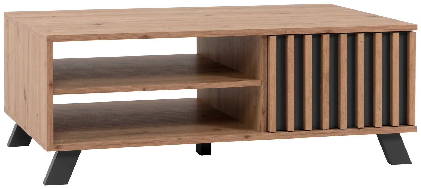Moderner Couchtisch aus Holz mit offenen Regalfächern und vertikalen Lamellen, seitliche Perspektive