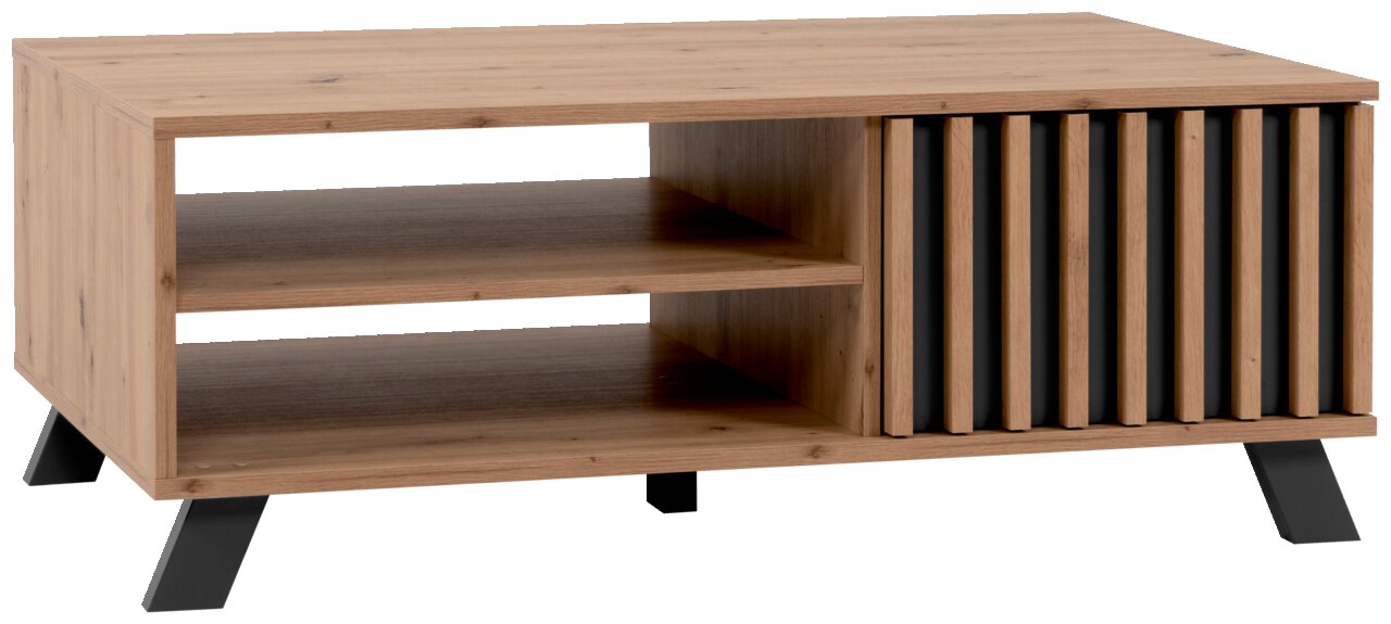 Z2 Salontafel MEDAN Moderne houten salontafel met open vakken en verticale lamellen, zijaanzicht