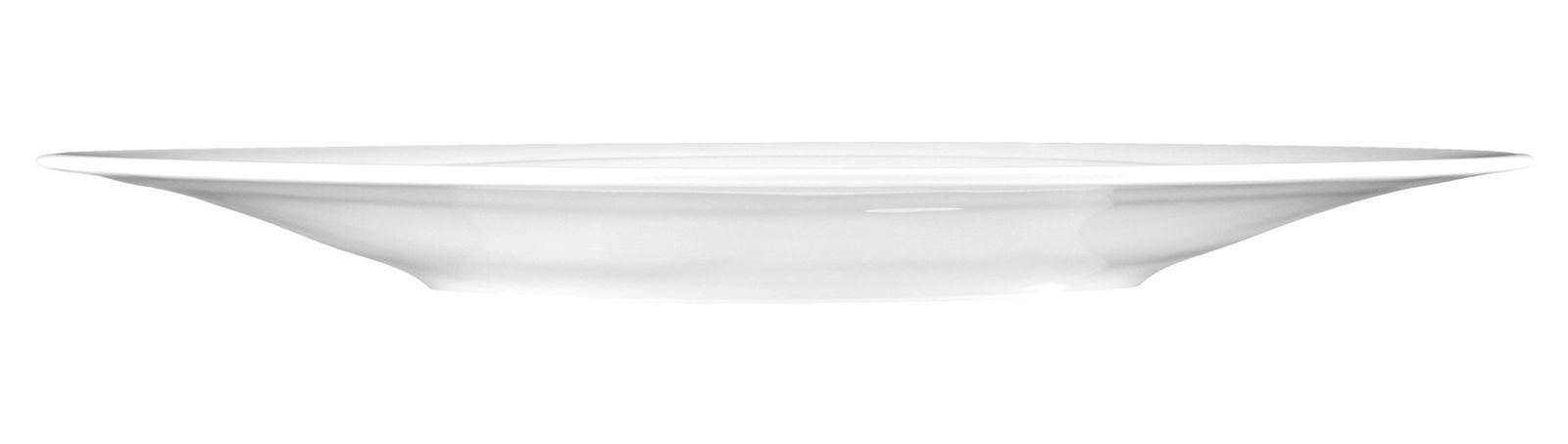 Seitliche Ansicht eines weißen Speisetellers mit schlichtem Design, 28 cm Durchmesser.