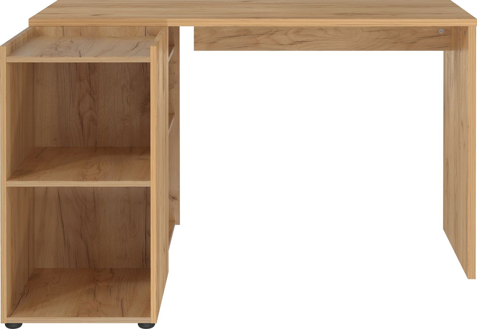 Schreibtisch aus Holz mit zwei offenen Regalfächern, Frontalansicht