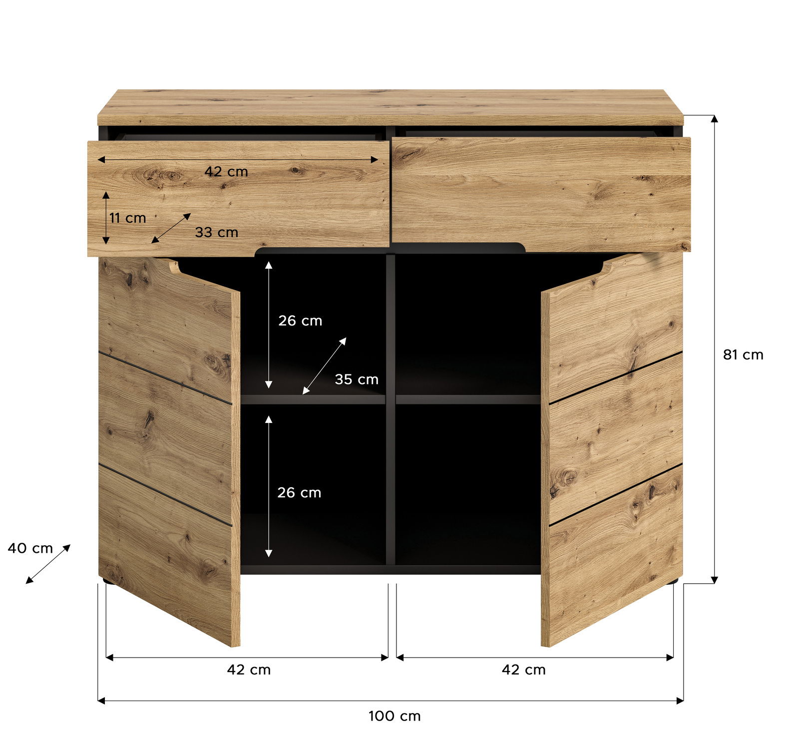 Frontansicht einer Kommode mit zwei Schubladen und vier offenen Fächern, aus Holz mit natürlichen Maserungen, Maße: 100 cm Breite, 81 cm Höhe, 40 cm Tiefe.