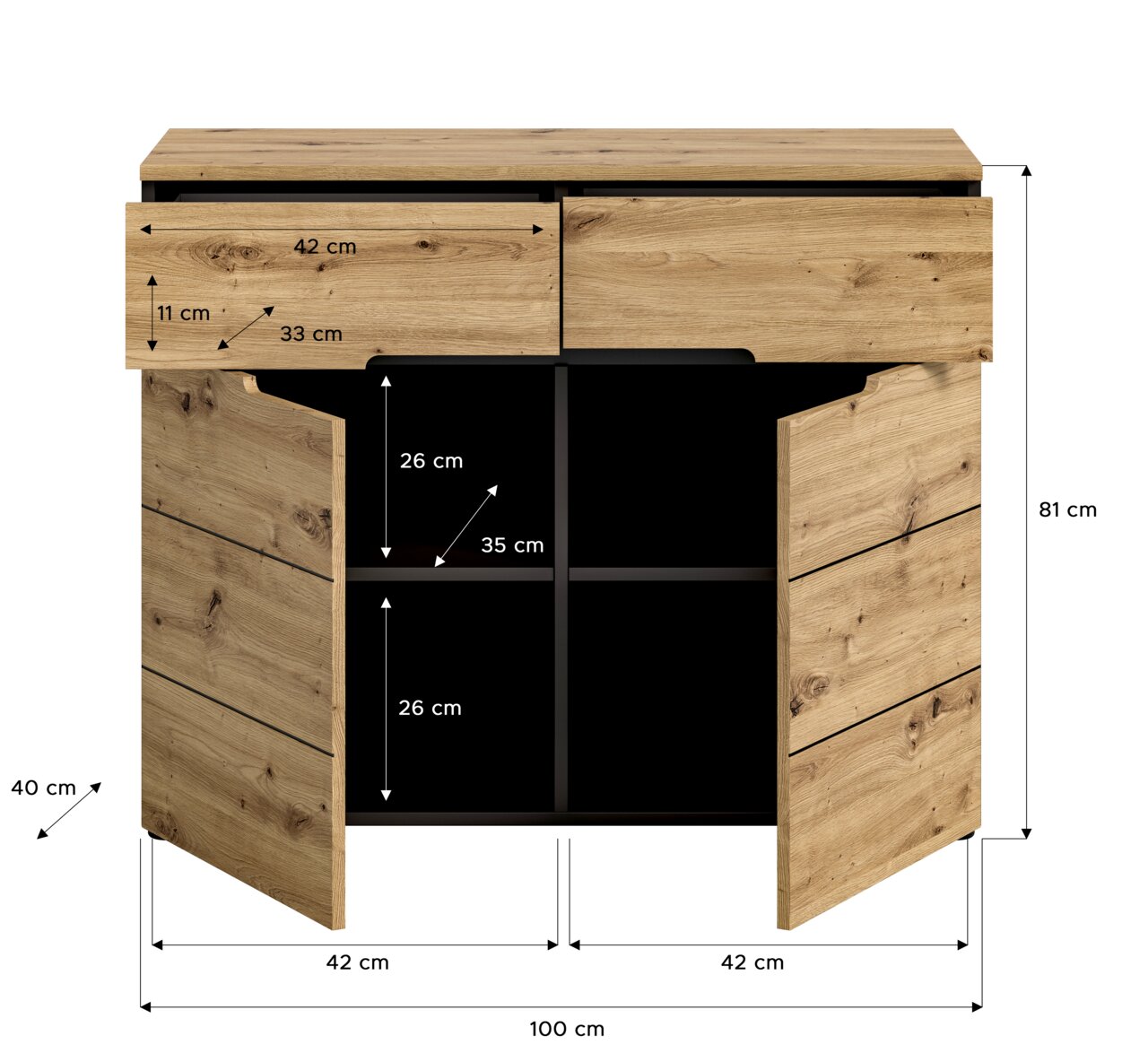 Frontansicht einer Kommode mit zwei Schubladen und vier offenen Fächern, aus Holz mit natürlichen Maserungen, Maße: 100 cm Breite, 81 cm Höhe, 40 cm Tiefe.
