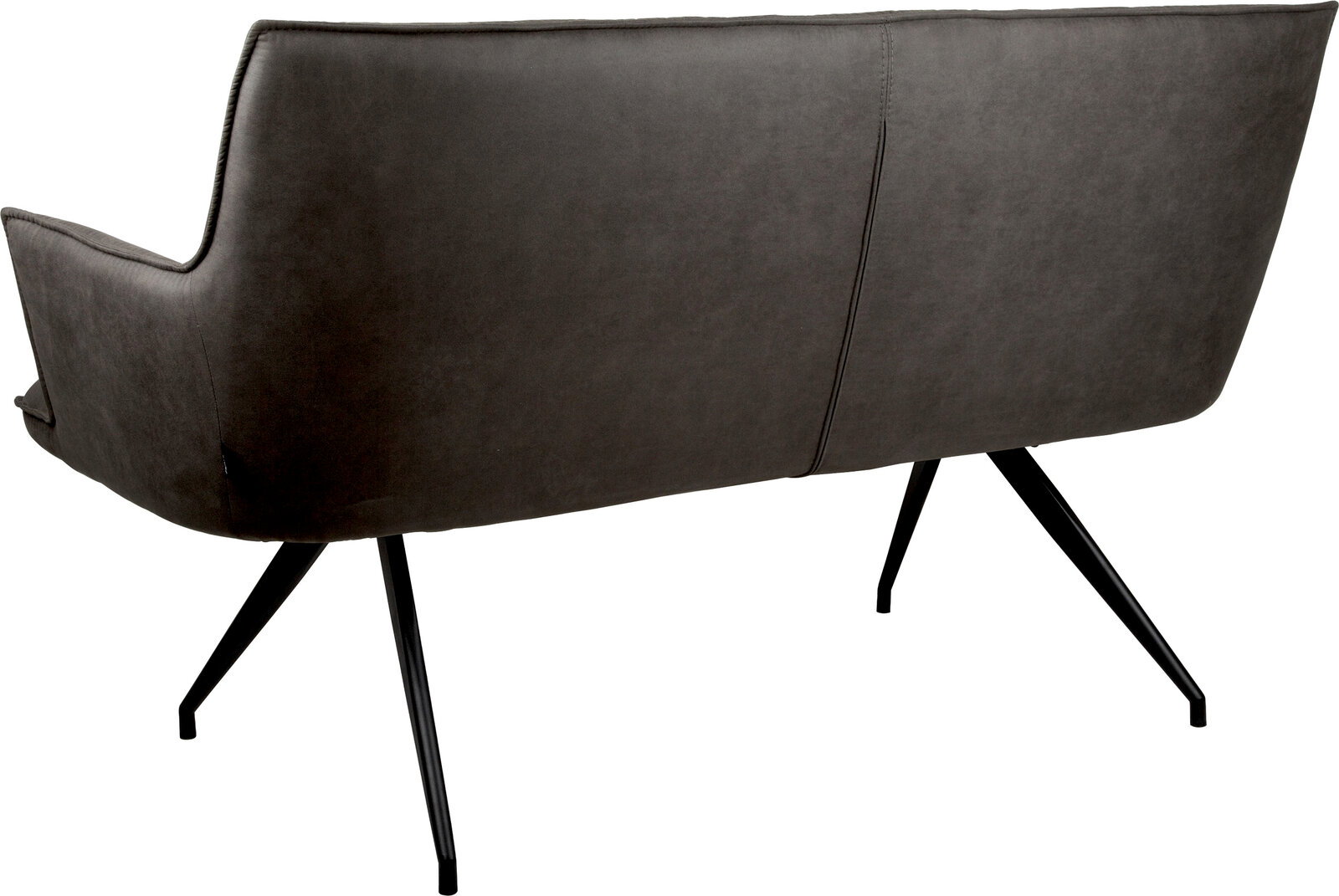 Dunkelgraues 2-Sitzer-Sofa mit Stoffbezug und schwarzen Metallbeinen, Rückansicht in leichter Schrägperspektive vor weißem Hintergrund