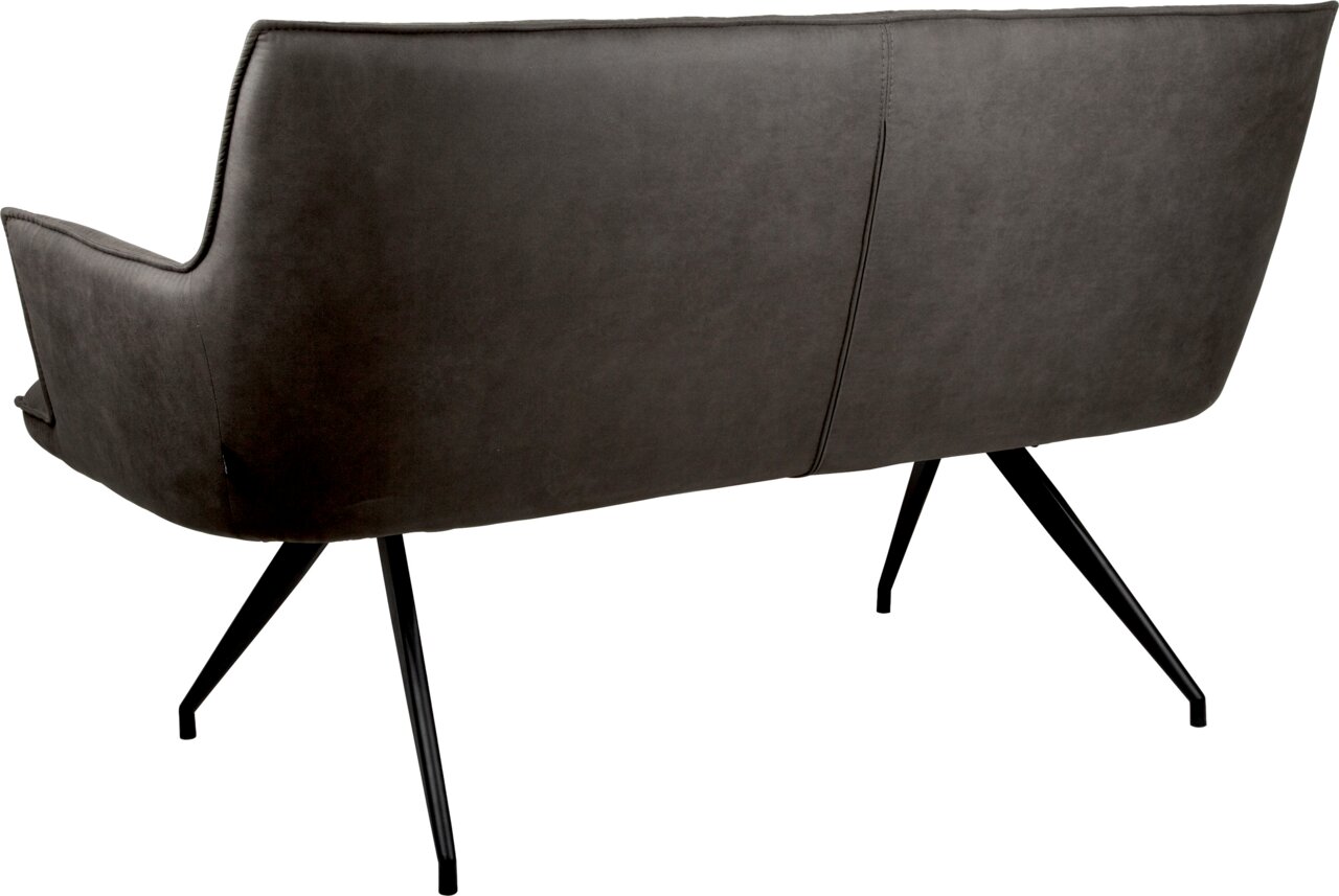 Dunkelgraues 2-Sitzer-Sofa mit Stoffbezug und schwarzen Metallbeinen, Rückansicht in leichter Schrägperspektive vor weißem Hintergrund